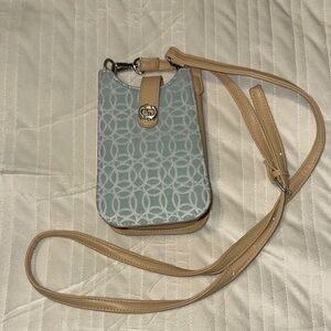 Stylish Blue and Tan Crossbody Bag